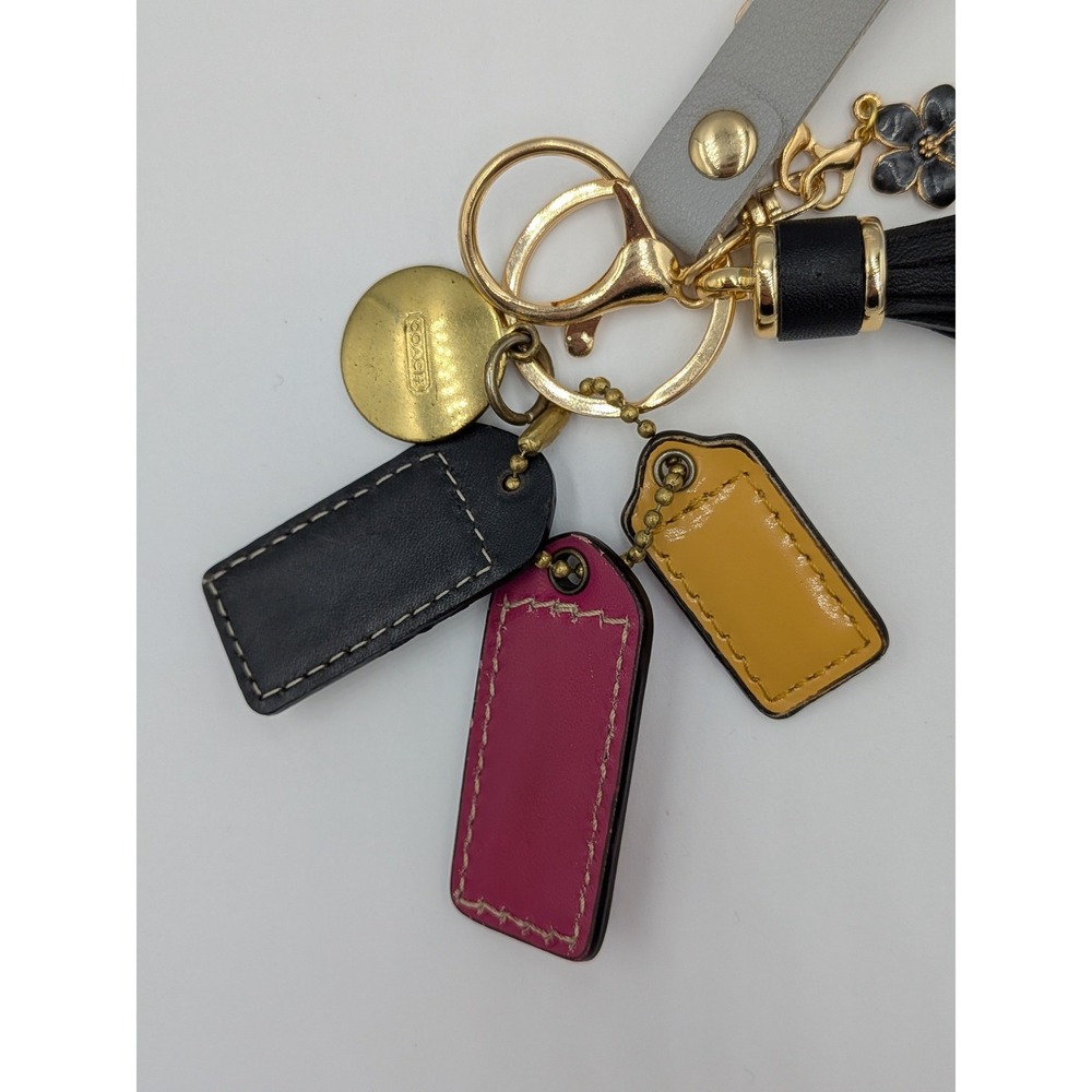 Coach Hangtags with Bag Charms Pink Yellow Black Leather Tassel Flowers Keychain - Picture 2 of 8